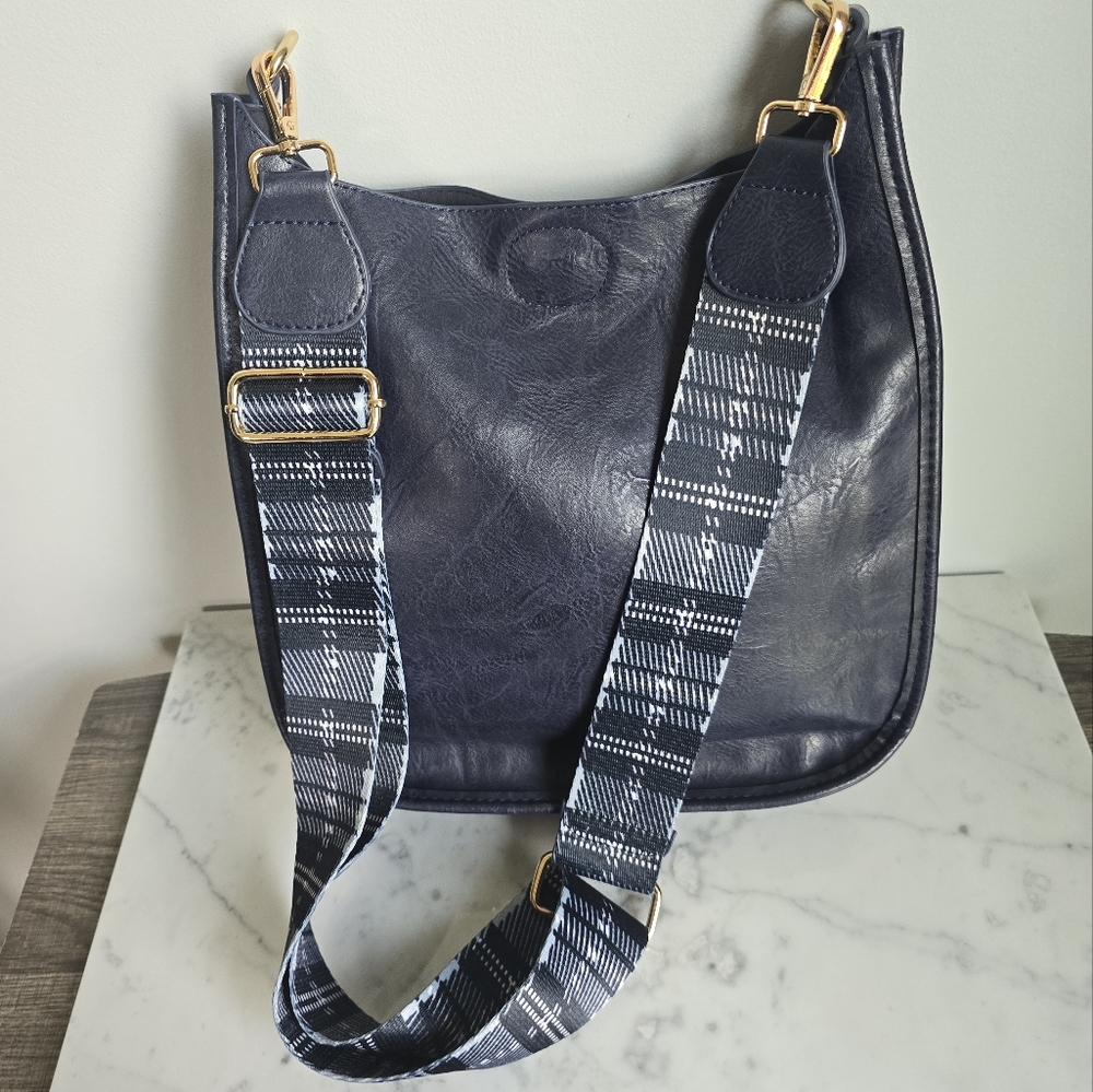 Ah-Dorned, Navy Vegan Leather Plaid Crossbody Strap Classic Messanger Bag Purse - Picture 7 of 10